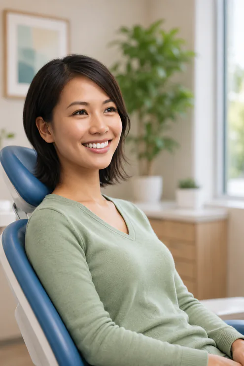 Smiling woman in a green top sitting in a dental chair