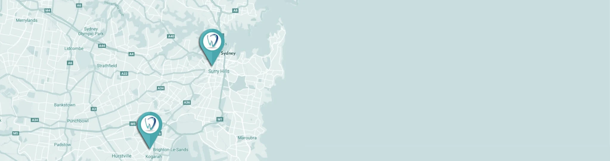 Map of Sydney showing the Village Dental Haymarket and Village Dental Kogarah practice locations